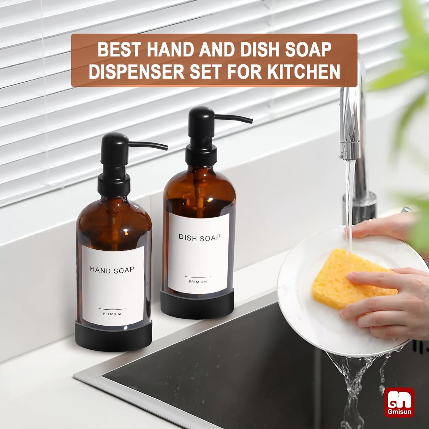 GMISUN Amber Glass Soap Dispenser with Silicone Sleeve Boot, 2 Pack Bathroom Hand Soap Dispensers
