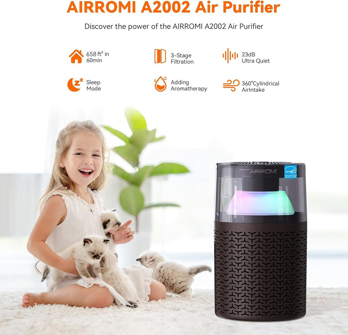 AIRROMI Air Purifiers for Bedroom Home,Up to 658 Ft²,Activated Carbon Filter Cleaner,With Fragrance