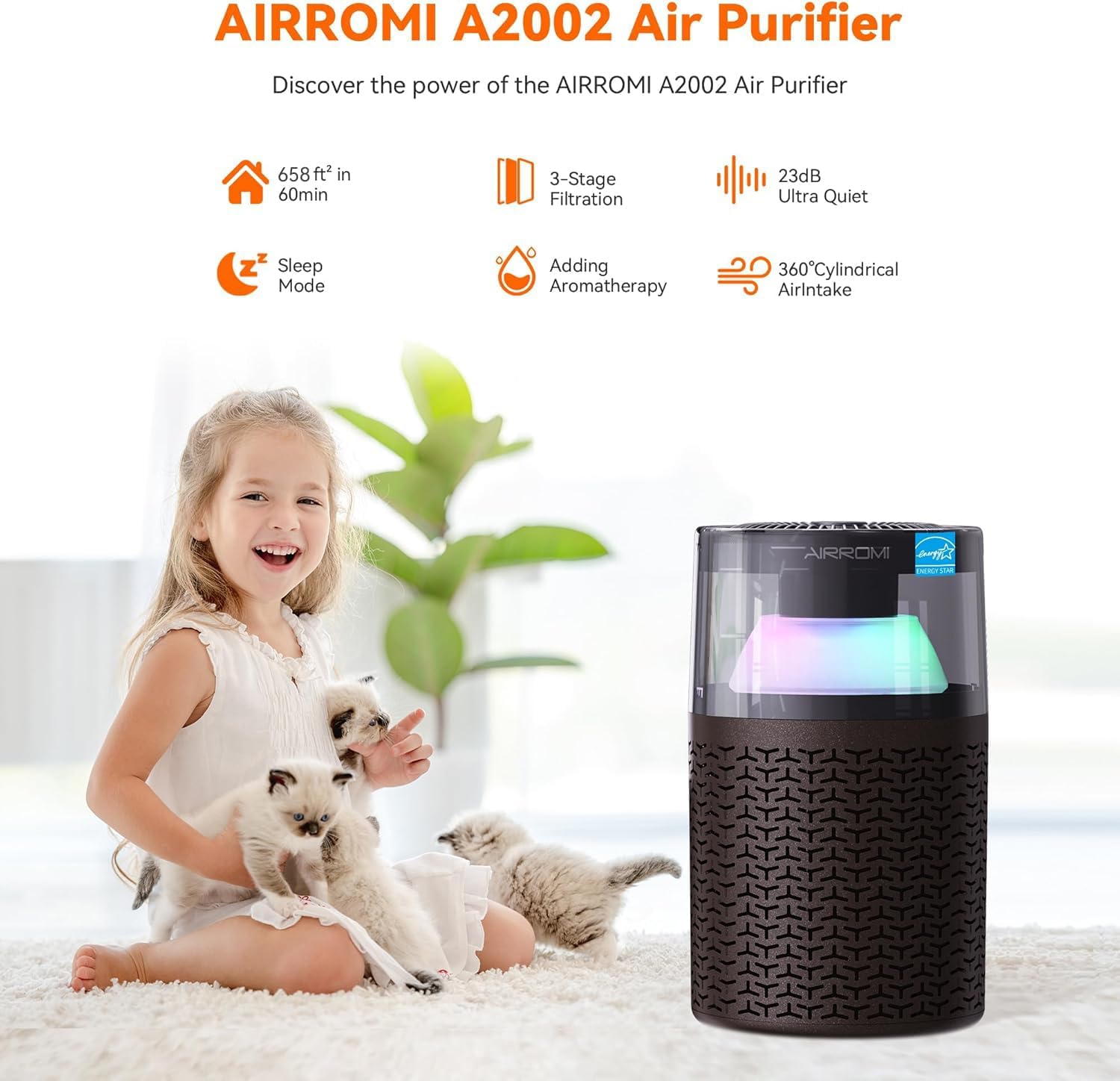 AIRROMI Air Purifiers for Bedroom Home,Up to 658 Ft²,Activated Carbon Filter Cleaner,With Fragrance
