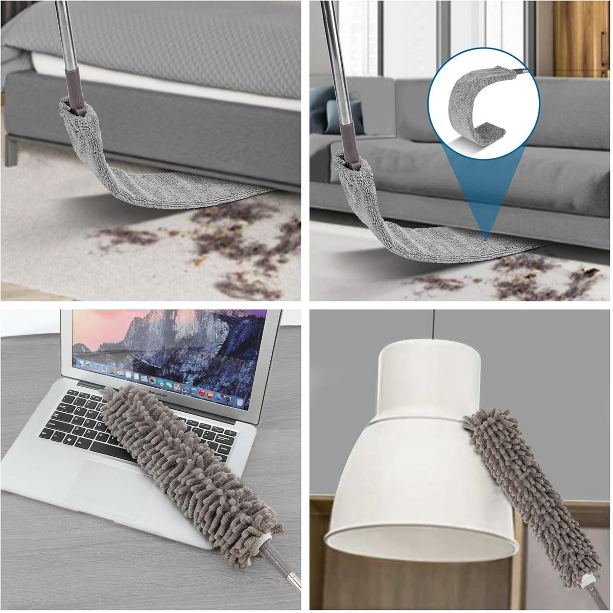 Microfiber Duster, 4PCS with Extension Pole(Stainless Steel) 30 to 100 Inches, Reusable Bendable