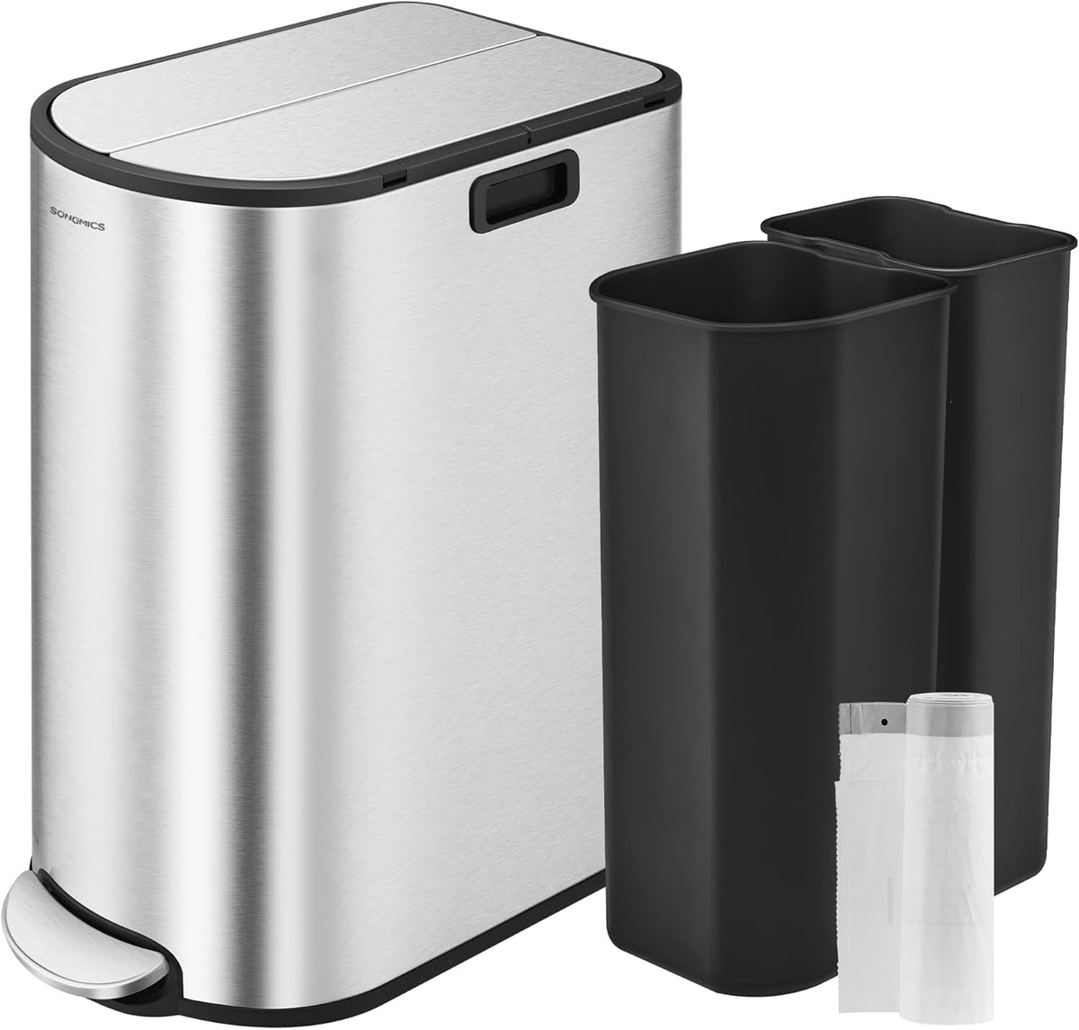 SONGMICS 13-Gallon Dual Kitchen Trash Can, 5.3 and 8 Gallon Compartments, Garbage Can with Wing
