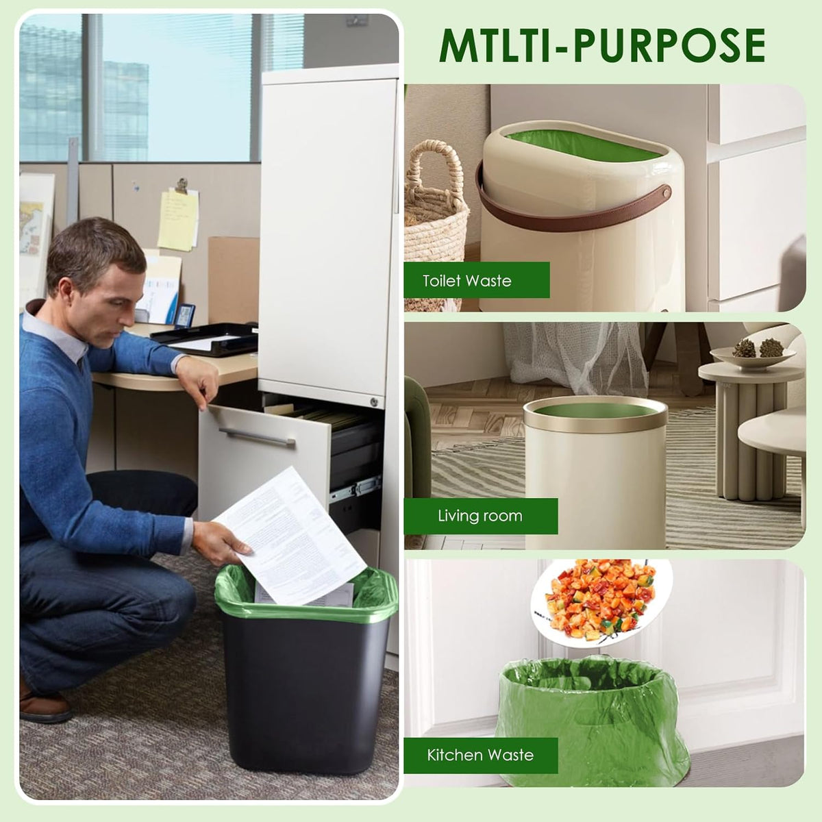 3 Gallon Compostable Trash Bags with Drawstring, Heavy Duty Extra Thick 1 Mil, 11.36 Liter, 50