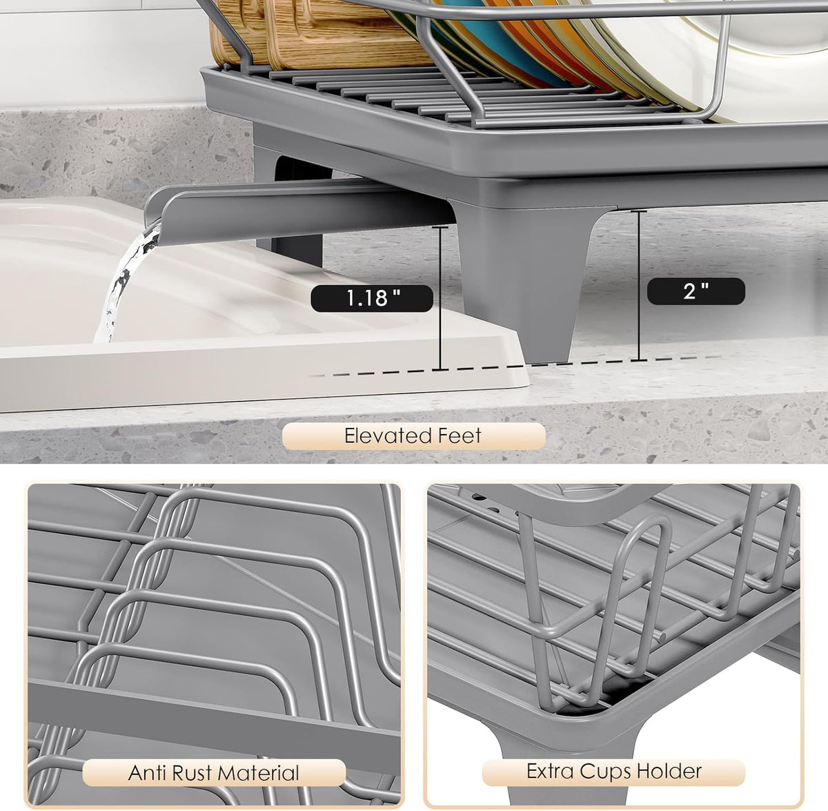 Dish Drying Rack for Kitchen Counter, Sink Dish Rack with Drainboard, Large Dish Drainer with Cups