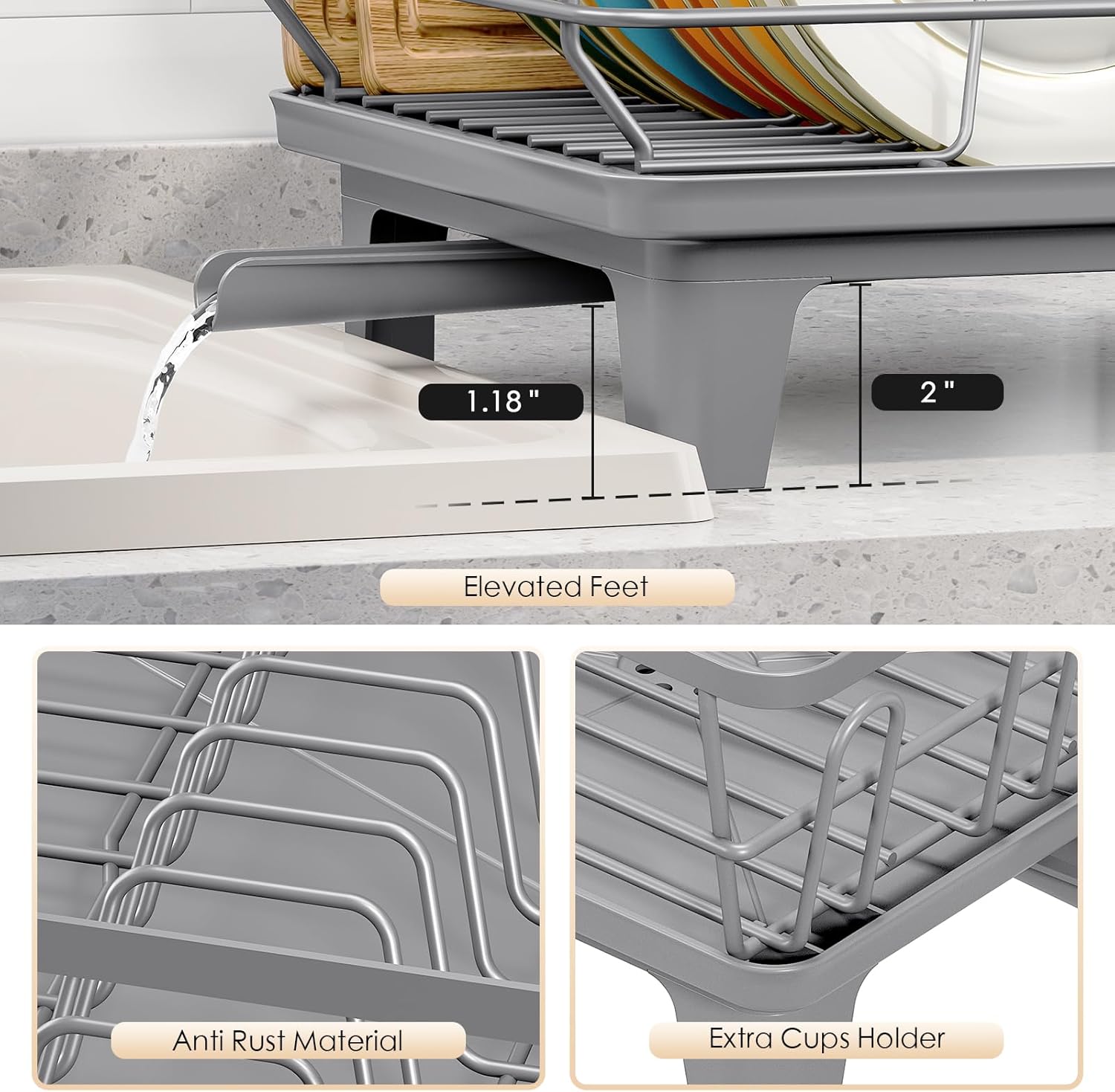 Dish Drying Rack for Kitchen Counter, Sink Dish Rack with Drainboard, Large Dish Drainer with Cups
