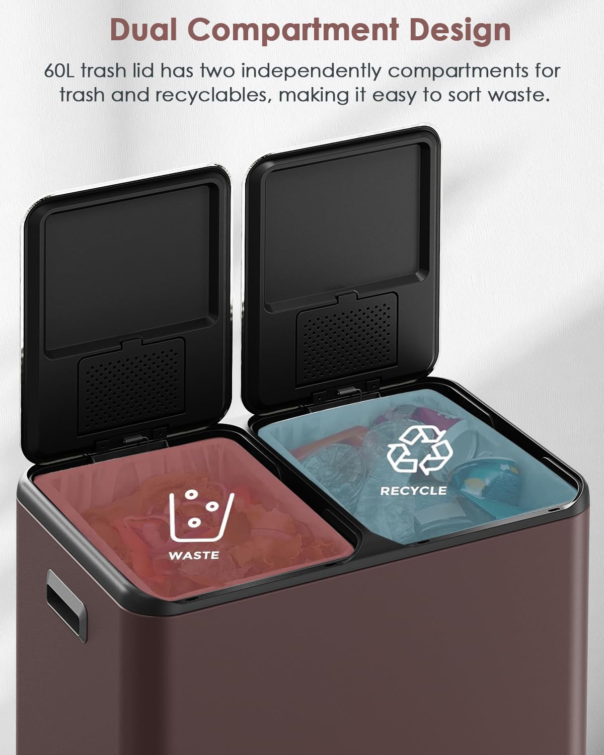 Arlopu 16Gal Dual Trash Can w/2 Built-in Box for Odor Control, Hands-Free Kitchen Garbage Bin