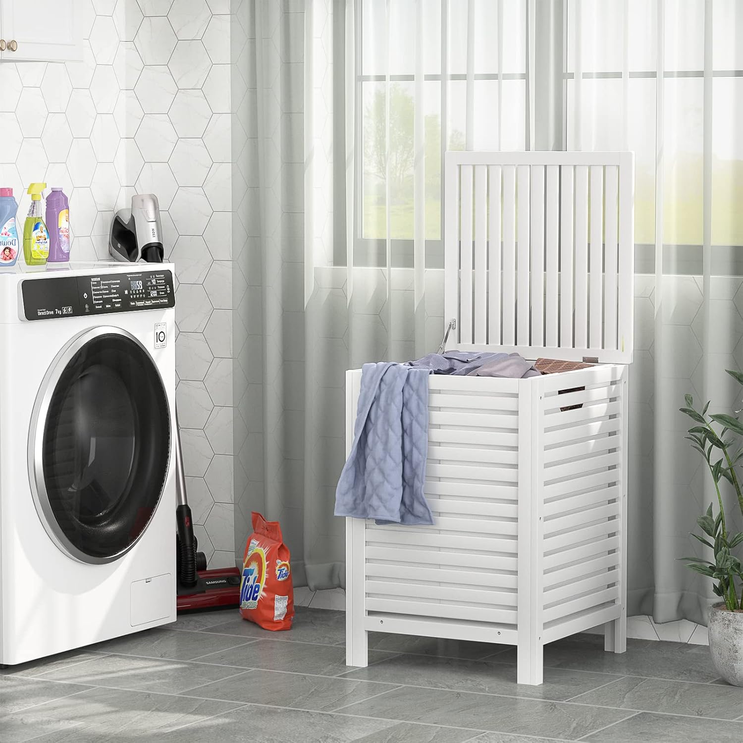 Homykic Bamboo Laundry Hamper with Lid, 120L Large Clothes Laundry Sorter with Removable 2-Section