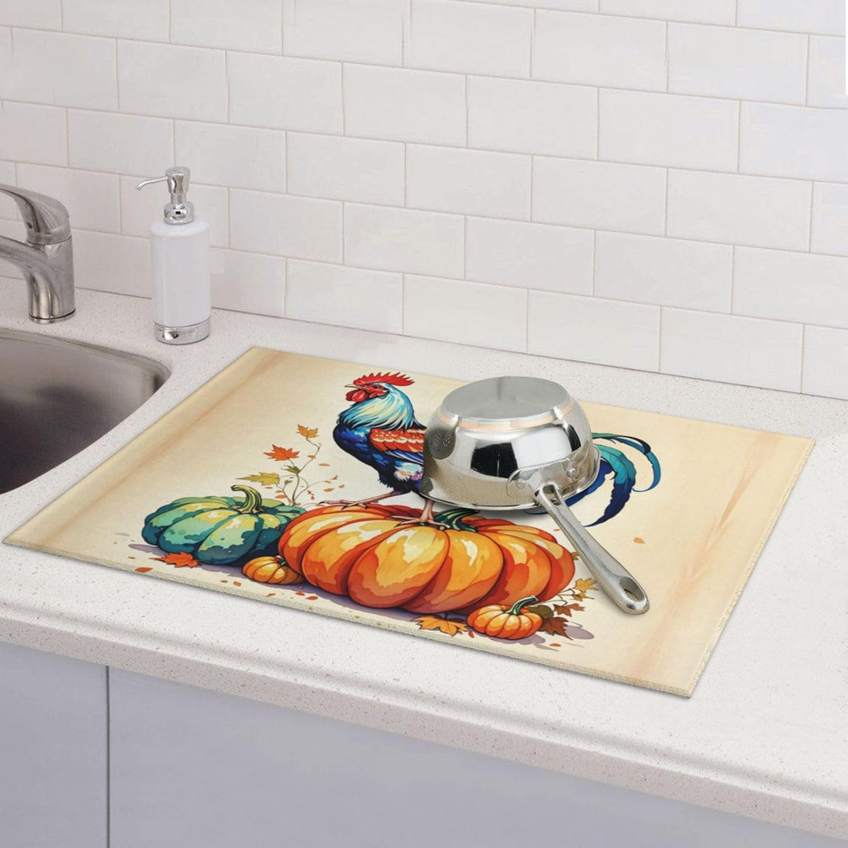 Rooster Pumpkin Dish Drying Mat Highly Absorbent Double-Sided Microfiber with Hanging Loop