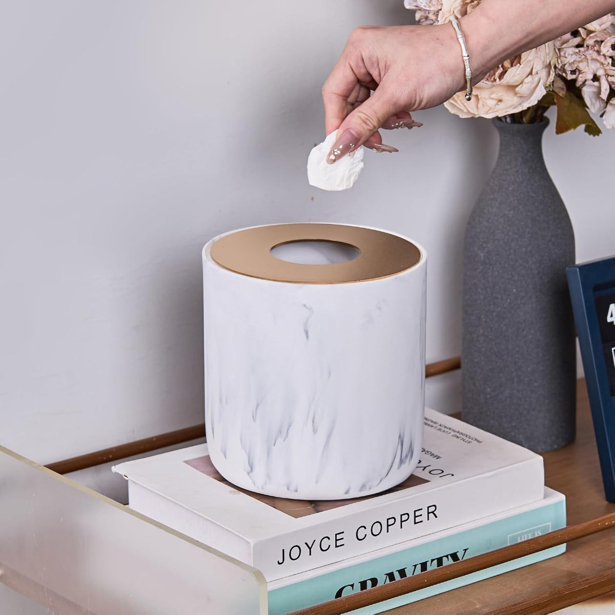 White Marble Textural Mini Trash Can with Rose Gold Stainless Steel Lid, Small Countertop Trash Can
