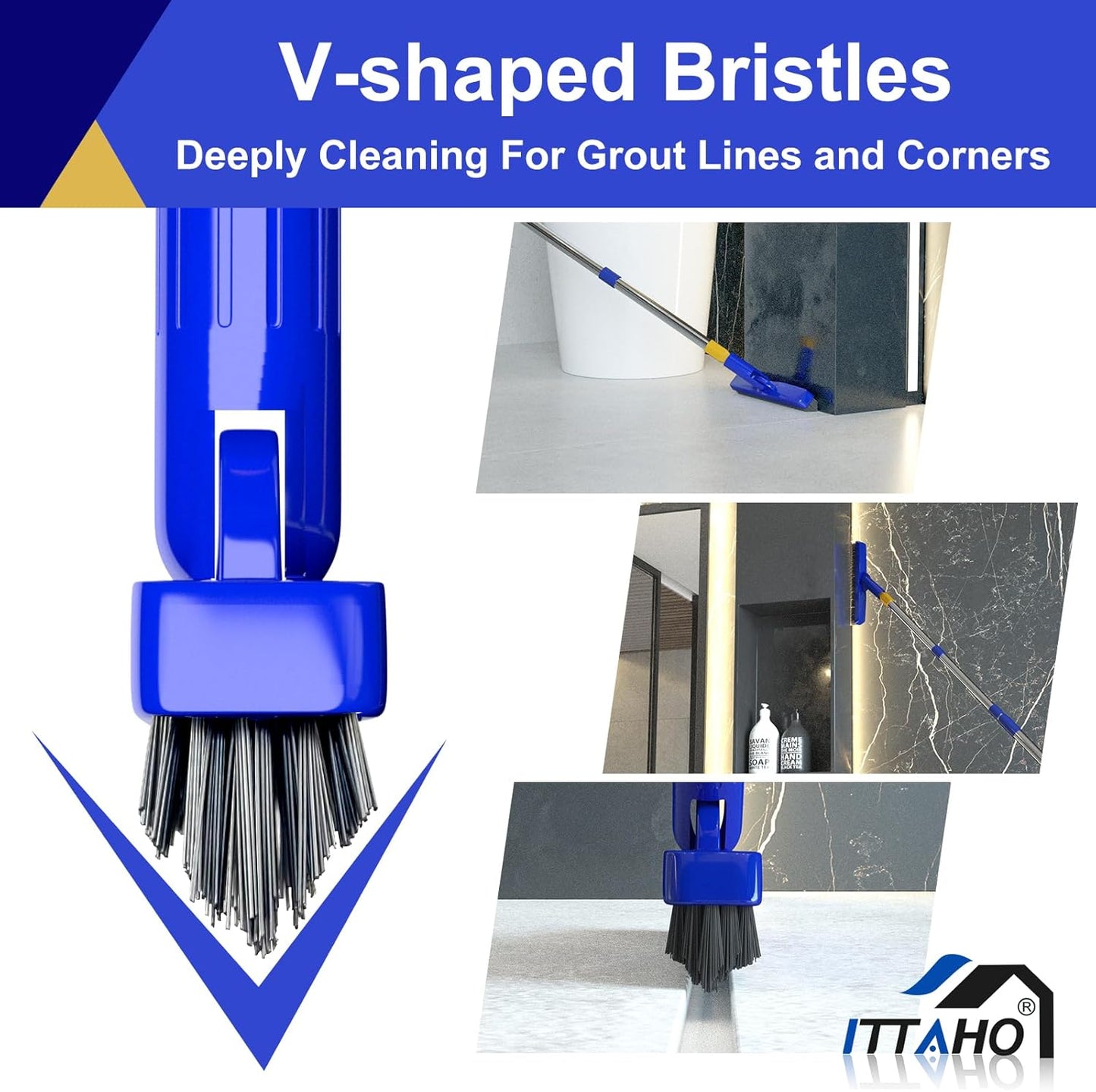 ITTAHO 12" Wide Floor Scrub and Grout Brush Set With Long Extendable Handle - Stiff Bristle Heavy