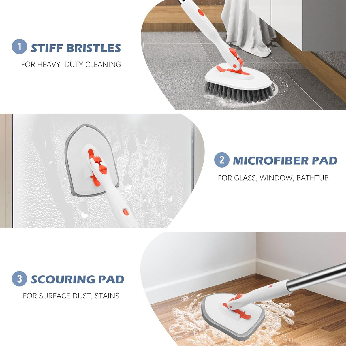SetSail Floor Scrub Brush, 3-In-1 Tile Tub Floor Scrubber with 52-inch Adjustable Long Handle