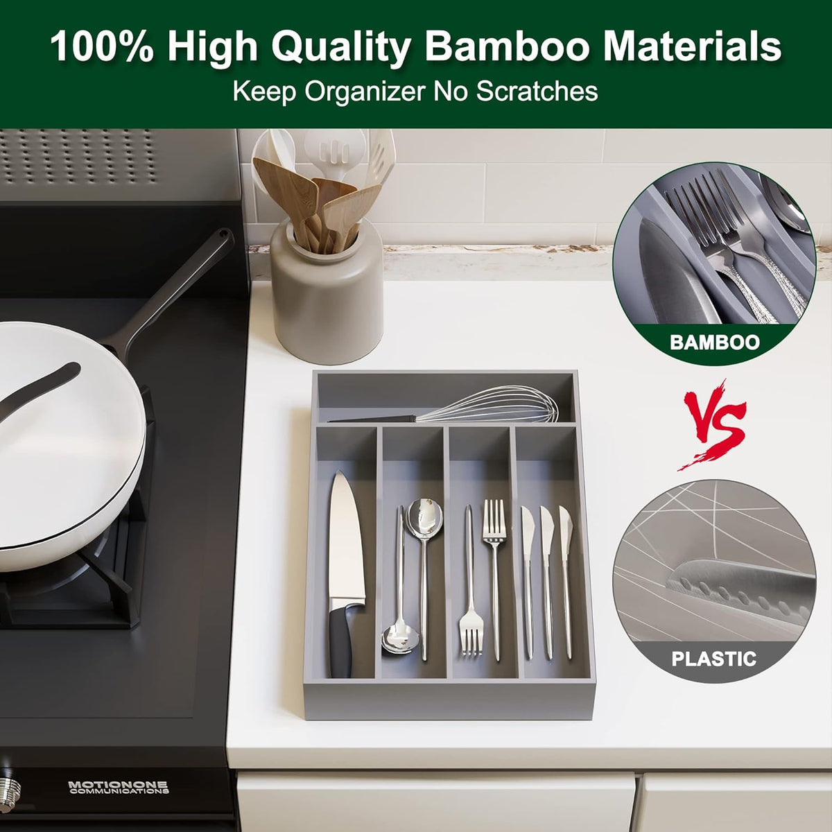 Bellsal Grey Utensil Organizer 10 Inch Silverware Tray for Drawer Utensil Holder Cutlery Organizer