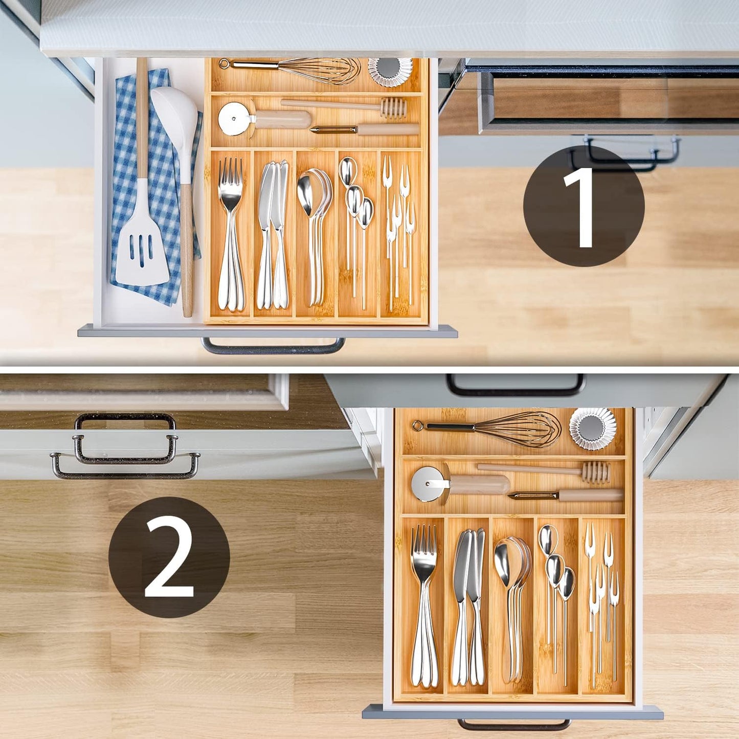 Flatware Organizer Silverware Drawer Organizer - 7 Slots Bamboo Cutlery Tray Multipurpose kitchen