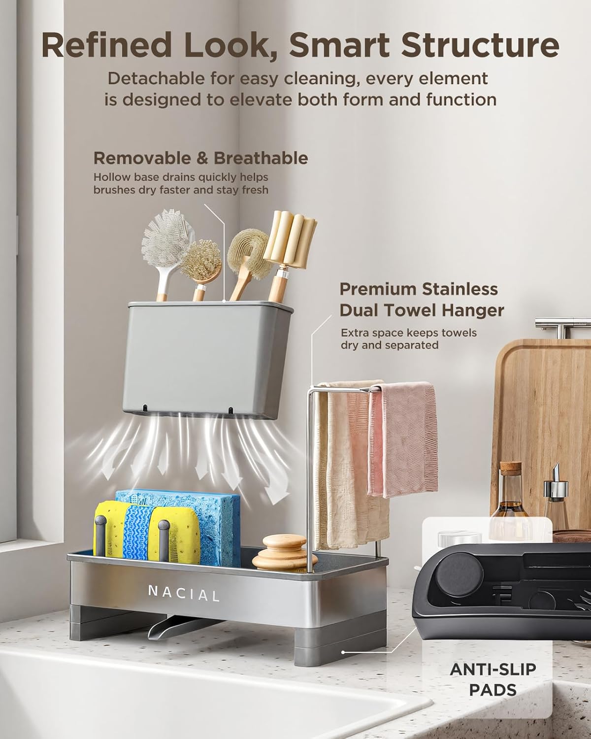 Nacial Sponge Holder for Kitchen Sink, Sink Caddy Organizer with High Brush Holder, Two Towel Racks