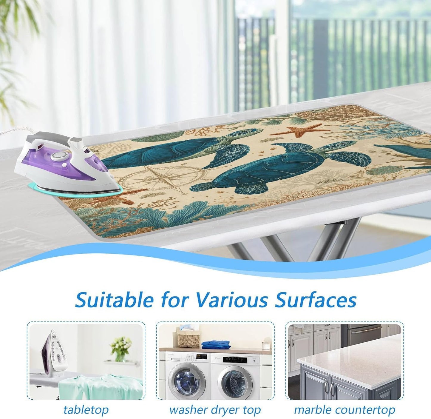 Sea Turtle Corals Starfish Ironing Mat for Table top Portable Ironing Pad Blanket for Washer Dryer