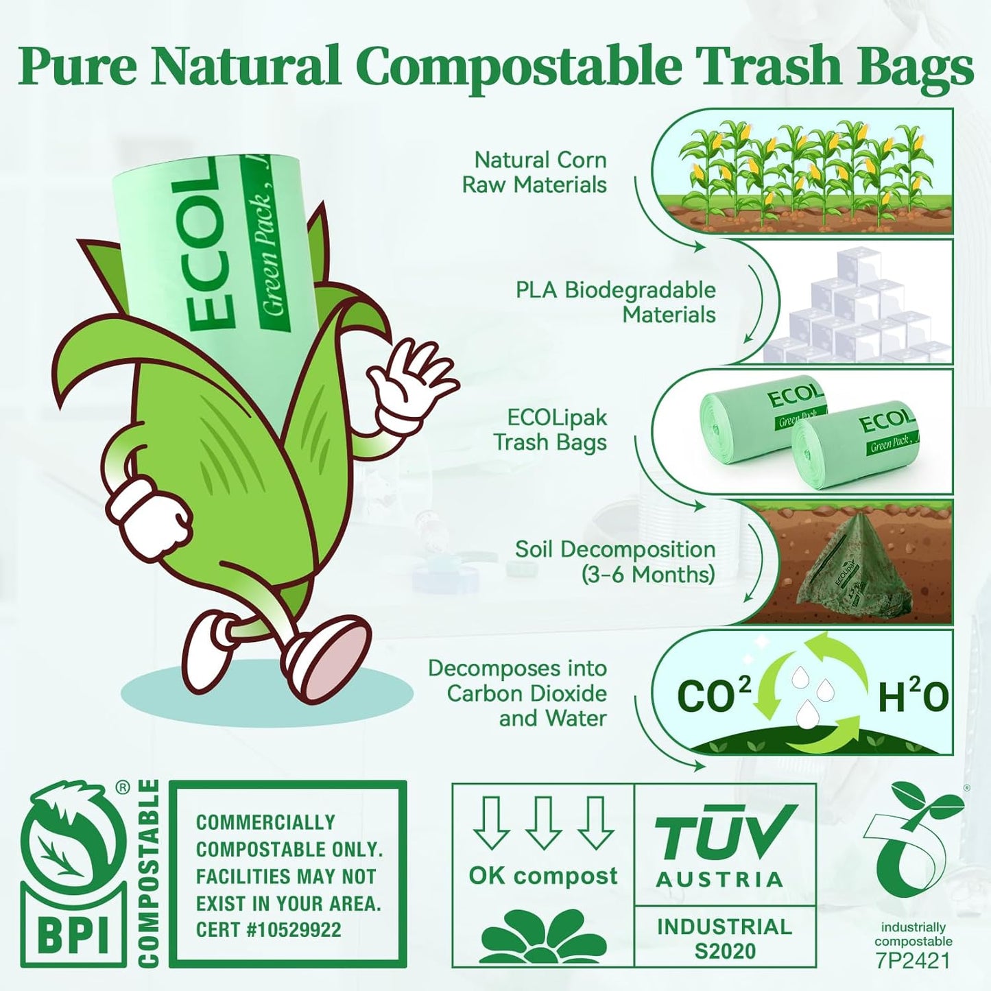 ECOLipak 13 Gallon Compostable Trash Garbage Bags, 50 Count (1 Roll) Biodegradable Heavy Duty