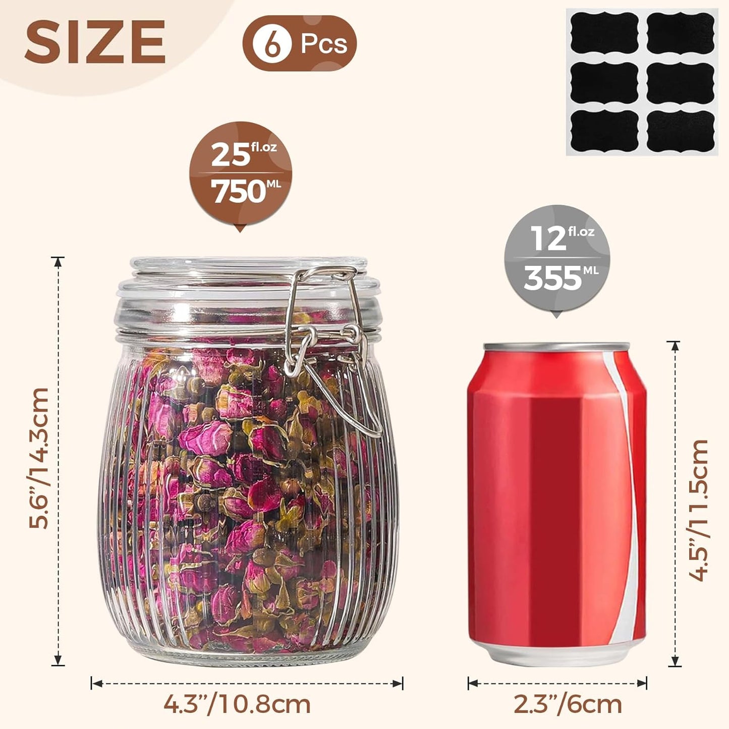 ComSaf Airtight Glass jar with lid 26oz Set of 6, Glass Storage Containers with Lids, Glass