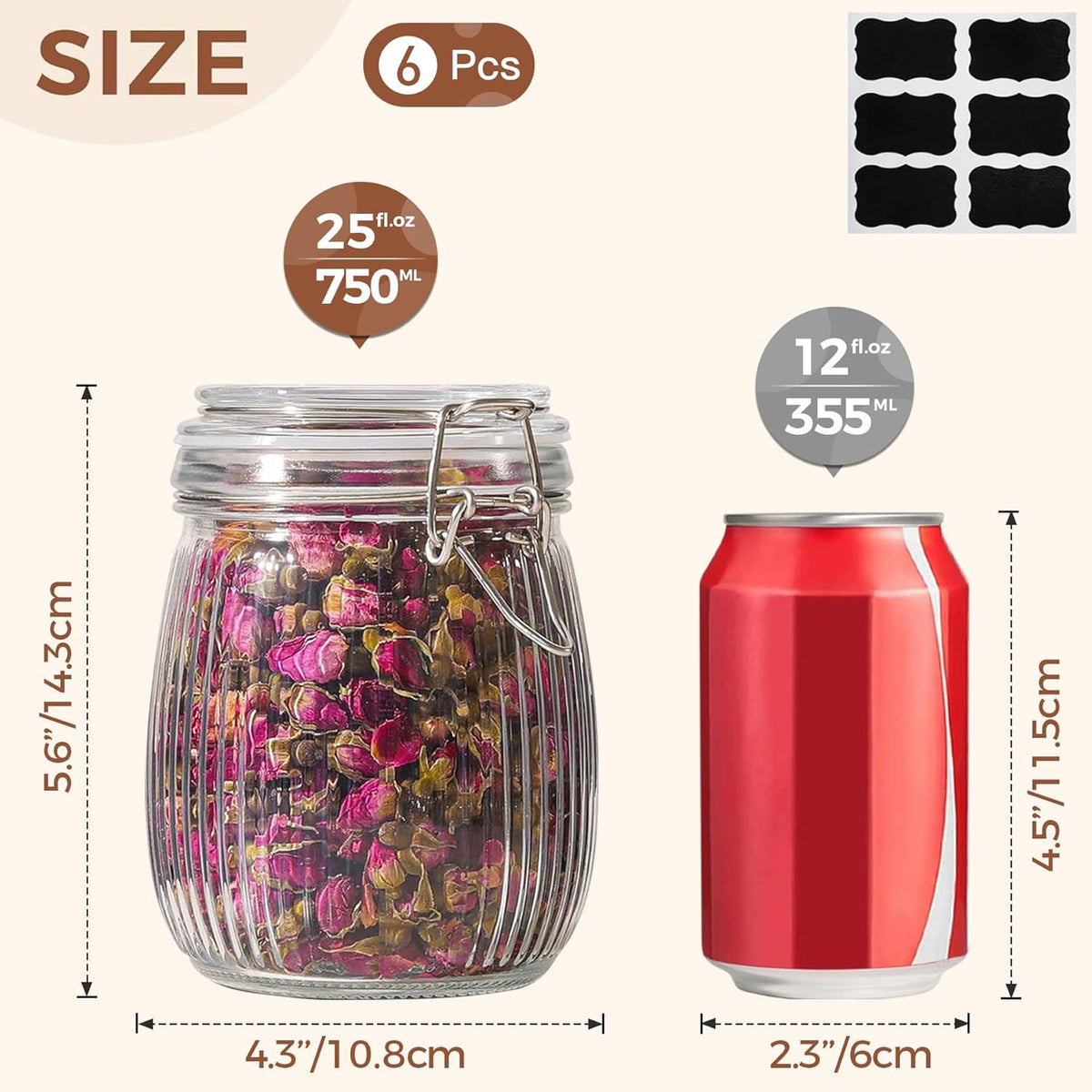 ComSaf Airtight Glass jar with lid 26oz Set of 6, Glass Storage Containers with Lids, Glass