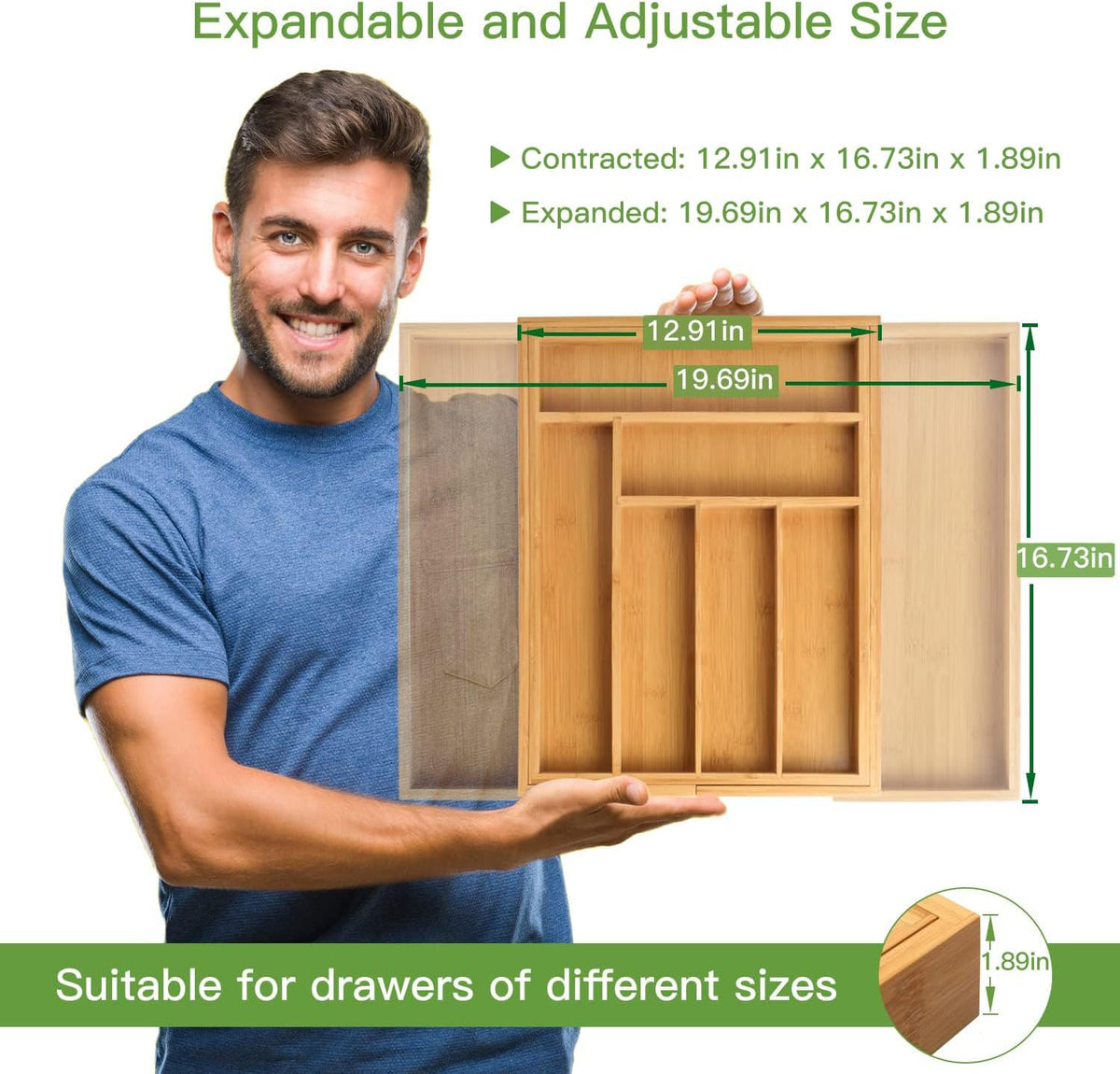 Pipishell Bamboo Silverware Organizer, Expandable Cutlery Tray, Utensil Drawer Organizer in Kitchen