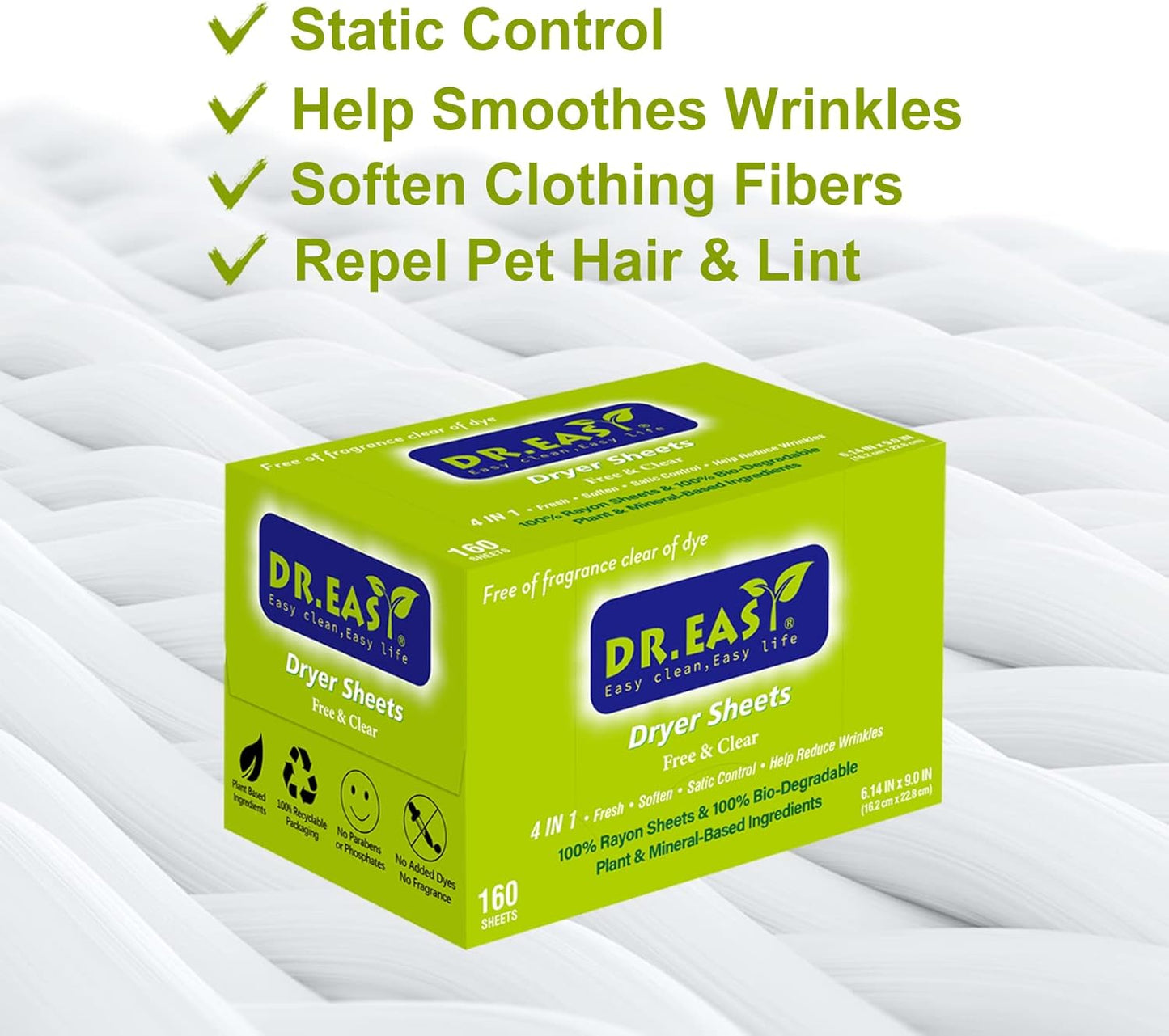 Dr.Easy Dryer Sheets Free & Clear Plant Based all ingredients for Sensitive Skin 160 Ct 100% Rayon