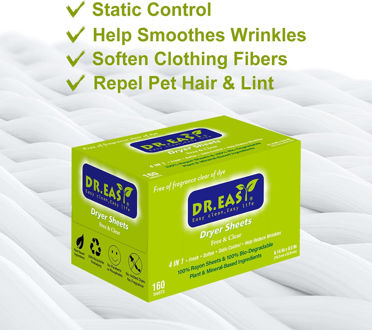 Dr.Easy Dryer Sheets Free & Clear Plant Based all ingredients for Sensitive Skin 160 Ct 100% Rayon
