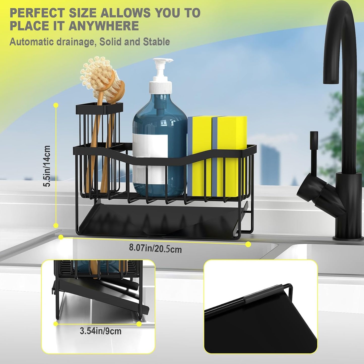 Maifan Sink Caddy Sponge Holder for Kitchen with Brush Holder and Stainless Steel Self Drain Tray