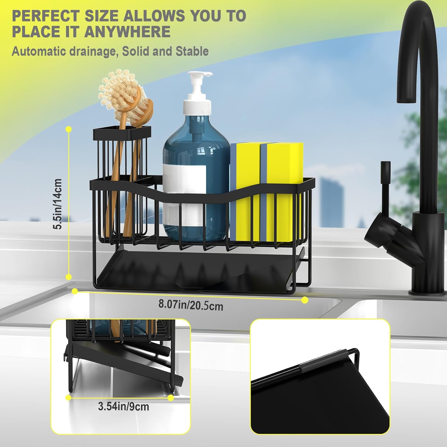 Maifan Sink Caddy Sponge Holder for Kitchen with Brush Holder and Stainless Steel Self Drain Tray
