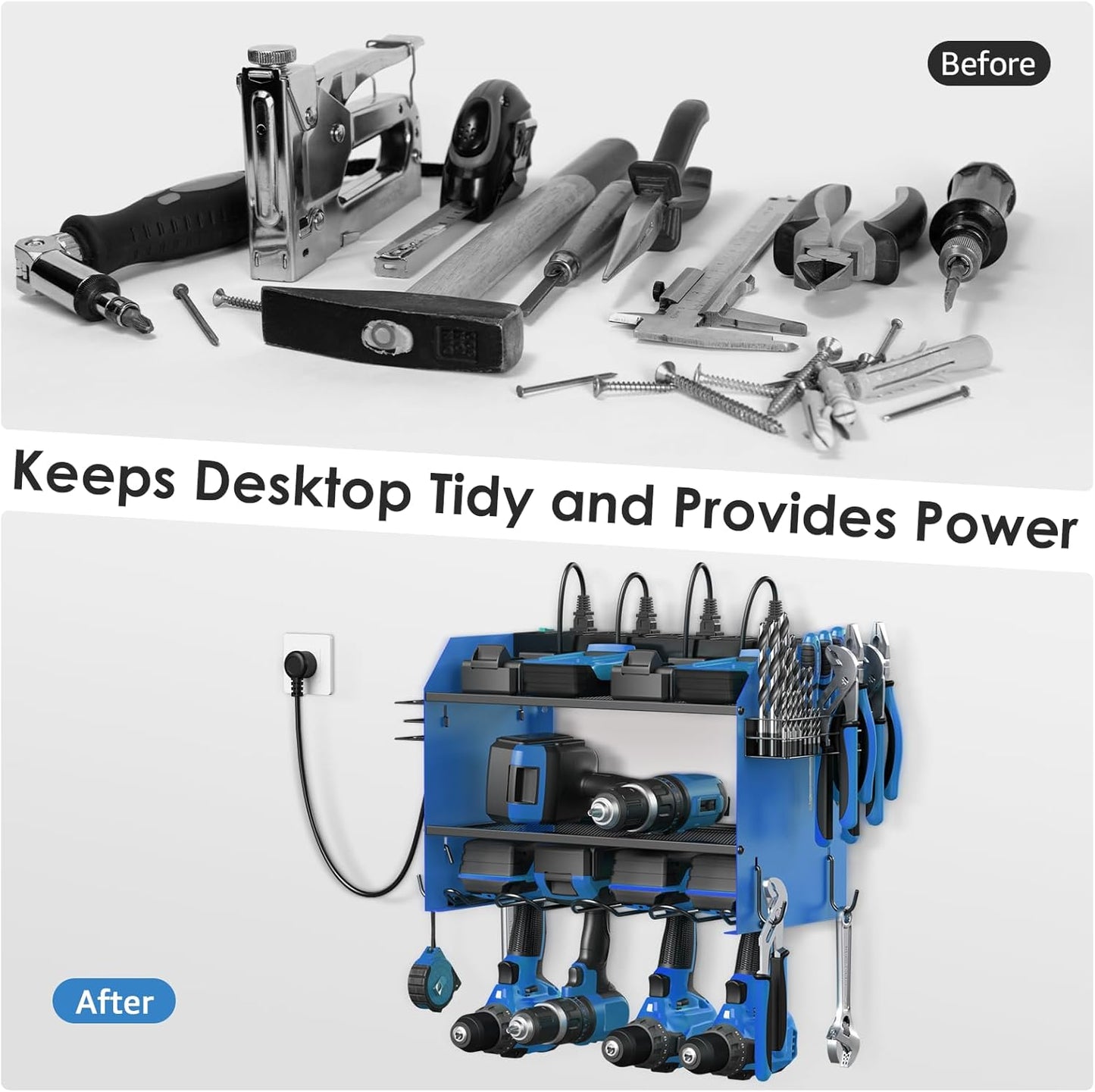 CCCEI Modular Power Tool Organizer Wall Mount with Charging Station. Garage 4 Drill Storage Shelf