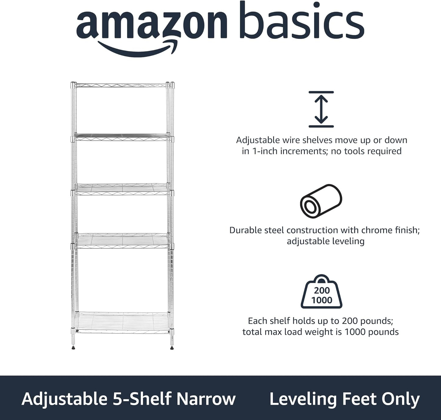 Amazon Basics 5-Shelf Adjustable, Storage Shelving Unit, (200 Pound Loading Capacity per Shelf)