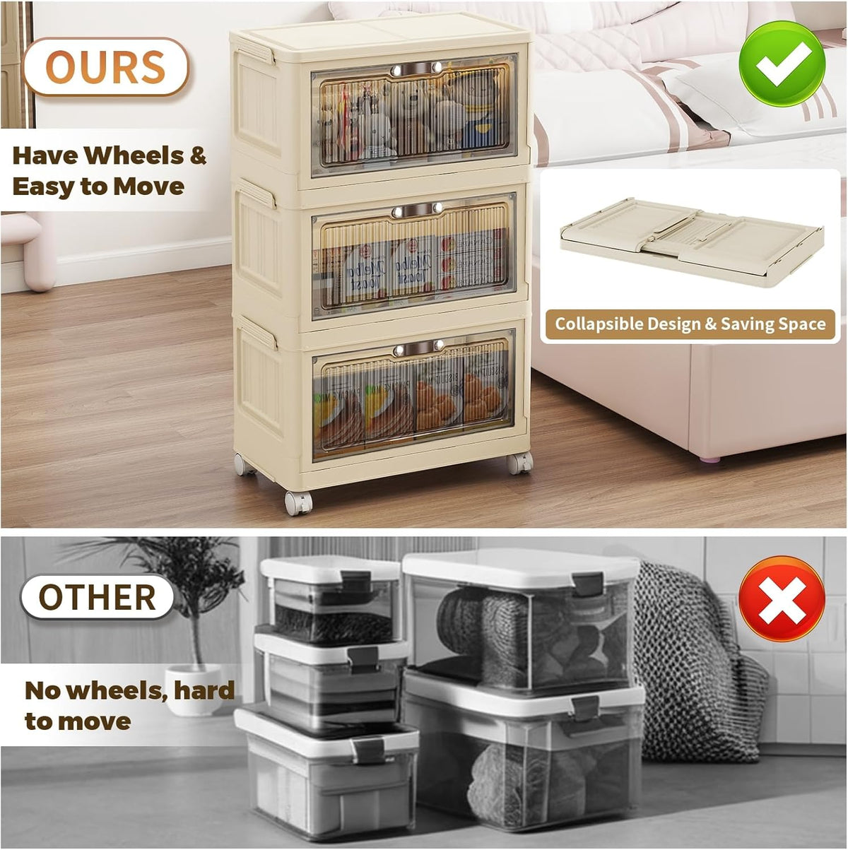 3 Tier - 48QT Storage Bins with Lids, Collapsible Storage Bins with Doors and Wheels, Plastic