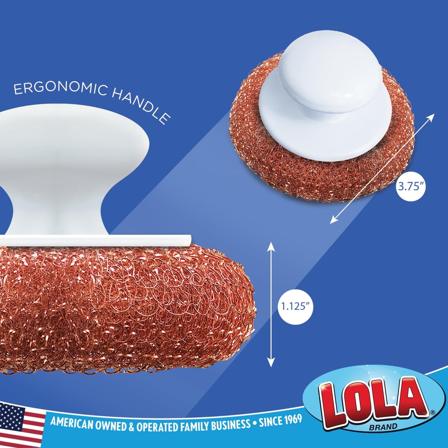 LOLA Copper Mesh Scouring Pad w/Comfort Knob, 6 Pack, Heavy Duty Cleaning Pads, Knitted Wire Mesh