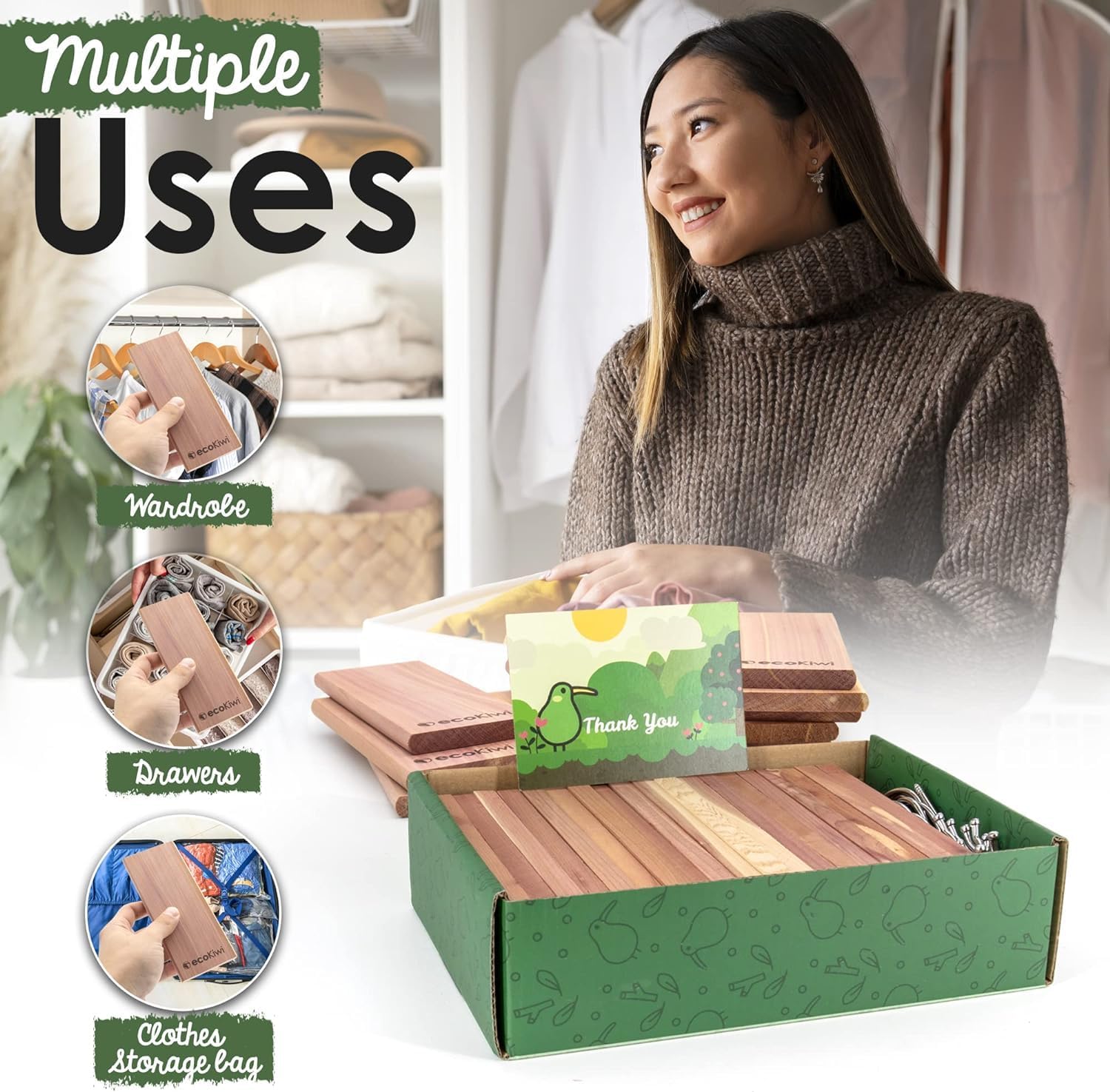 ecoKiwi Cedar Blocks for Clothes Storage - 20 Pack Hang Ups - 100% Natural Aromatic Cedar Planks