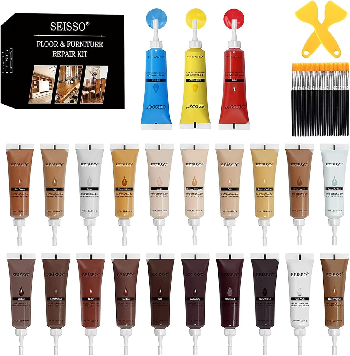 SEISSO Furniture Repair Kit 50 Pcs, 24 Colors Wood Fillers, Wood Paint, Wood Repair Kit, Wood Touch