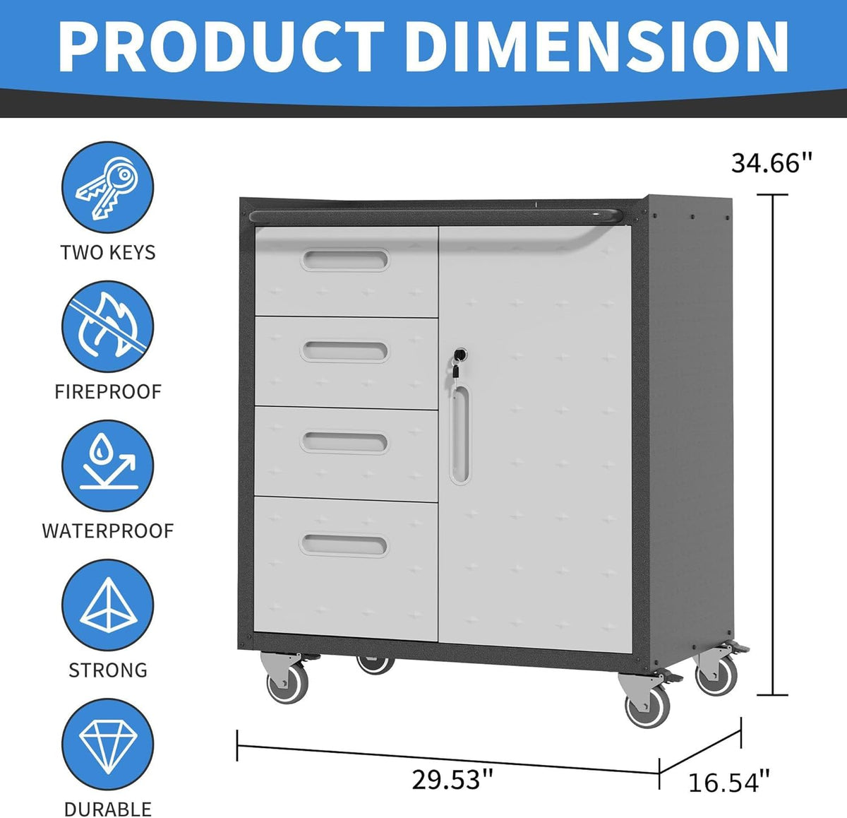 Metal Storage Cabinet with Wheels, Rolling Tool Cabinet with Adjustable Shelve, Locking Garage