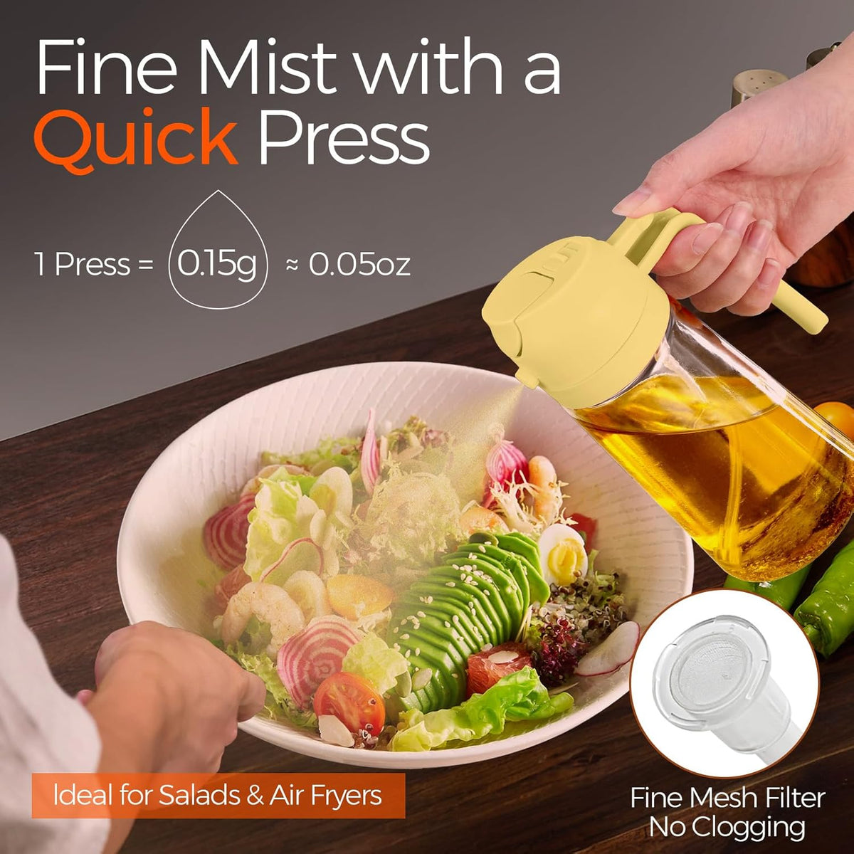 YARRAMATE 16oz/470ml Glass Olive Oil Sprayer for Cooking with Stickers, 2 in 1 Oil Dispenser for