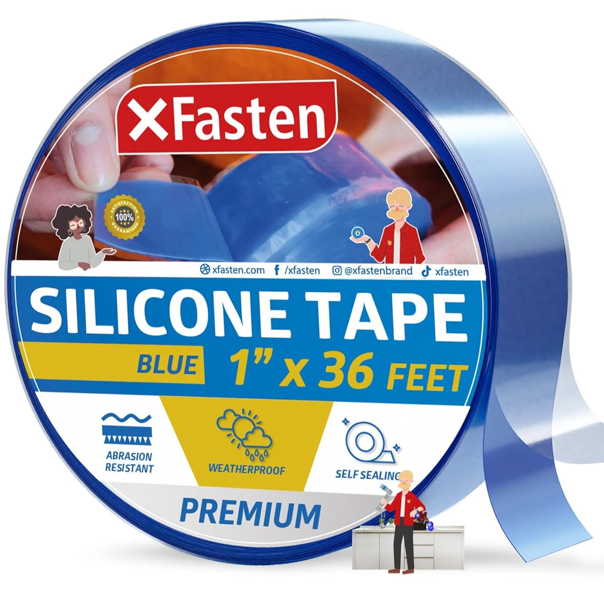XFasten Self Fusing Silicone Tape Waterproof – 1" x 36 Feet Blue, Self Amalgamating Tape, Silicone