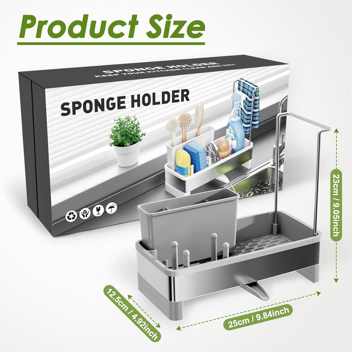 Stainless Steel Sink Caddy, Sponge Holder for Kitchen Sink with Brush Holder & Dishcloth Rack