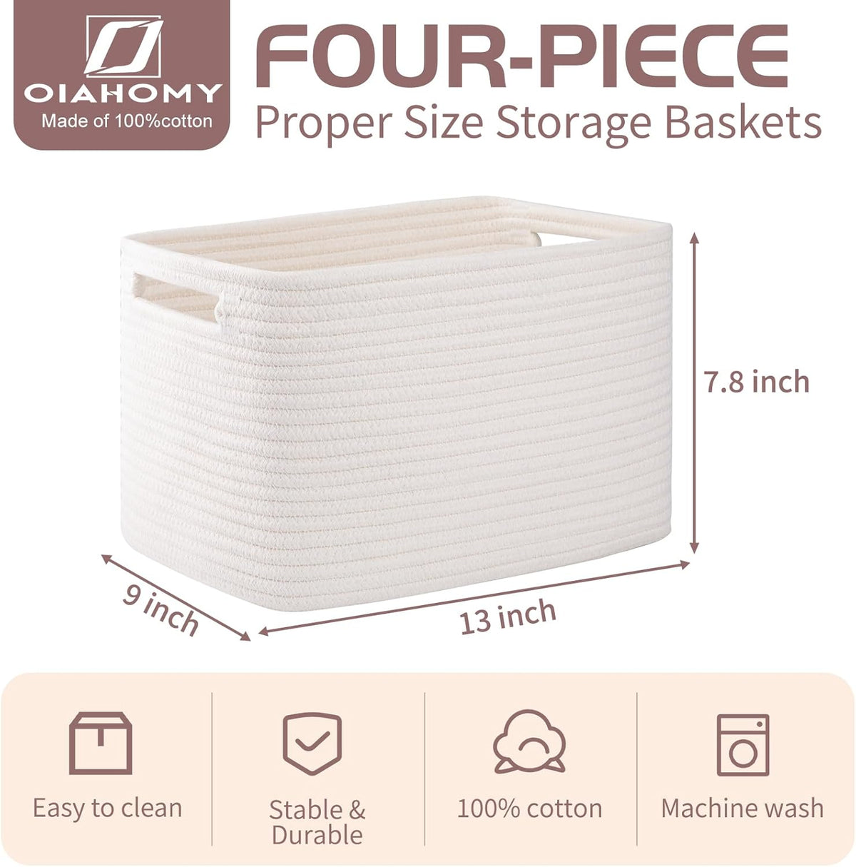 OIAHOMY 4 Pack Storage Baskets for Organizing, Cube Storage Bins for Shelves, Rectangle Storage