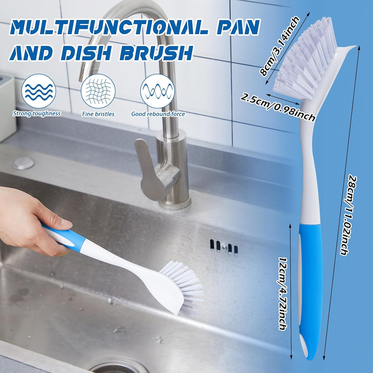 Hsei 6 Pcs Blue Kitchen Scrub Dish Brush Bulk with 11 Inch Handle Cleaning Dish Scrubber with Stiff
