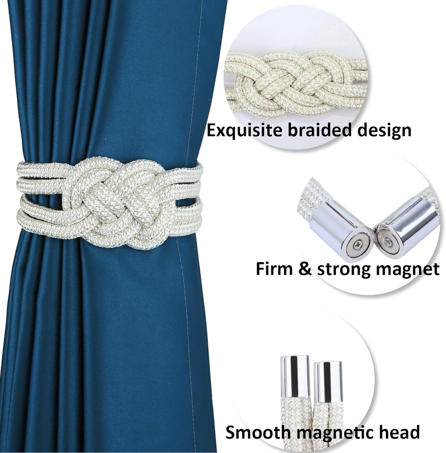 2 Pack Magnetic Curtain Tiebacks, Hand Weave Rope Knot Decorative Curtain Holdbacks for Home &