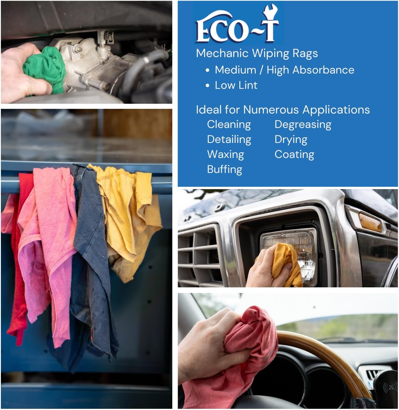 4 Lb Bag Eco-T Mechanic Shop Rags - Colored T-Shirt Material, 100% Recycled, Eco-Friendly, High