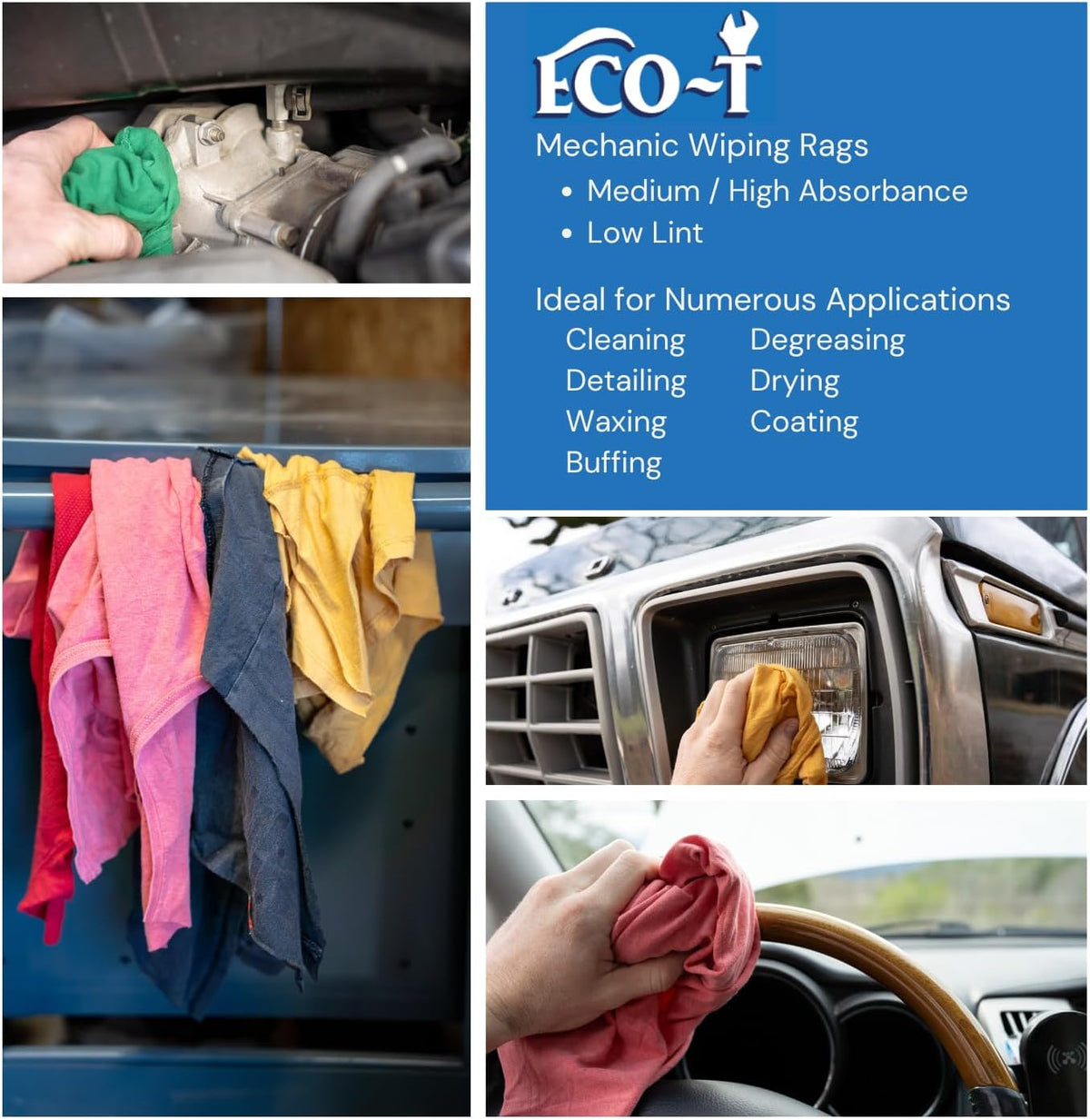 1 Lb Bag Eco-T Mechanic Shop Rags - Colored T-Shirt Material, 100% Recycled, Eco-Friendly, High