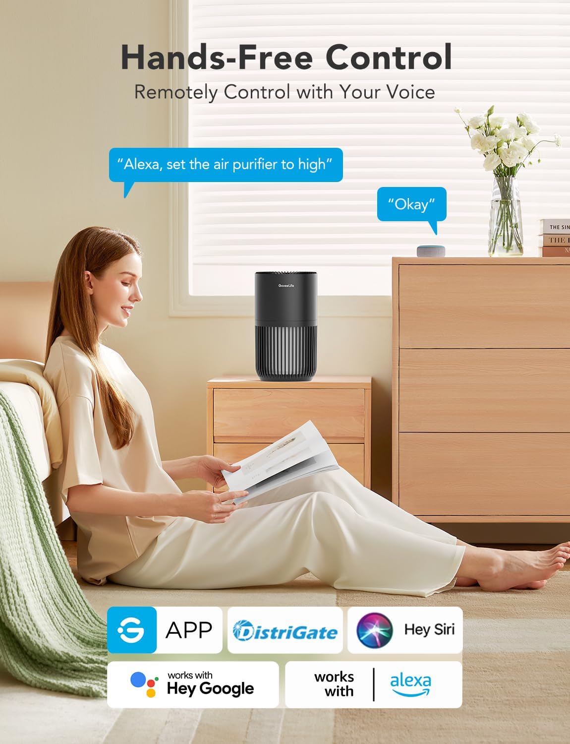 GoveeLife Mini Air Purifier for Bedroom, Smart Filter Air Purifier with App Alexa Control for Pet