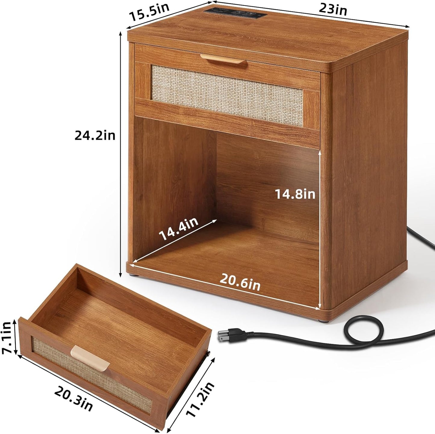 LEYAOYAO Rattan Nightstands Set of 2 with Charging Station, Natural Wood Night Stand with Drawer