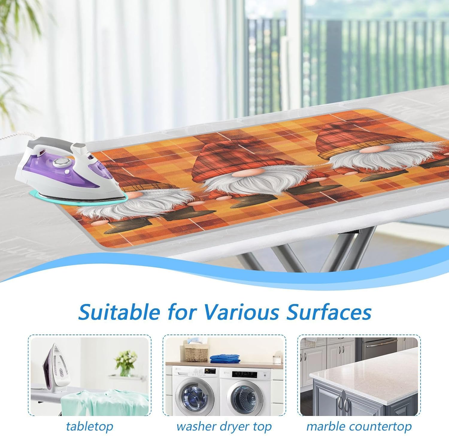 Orange Plaid Thanksgiving Gnomes Ironing Mat Thickened Ironing Blanket Travel Portable Double-Side