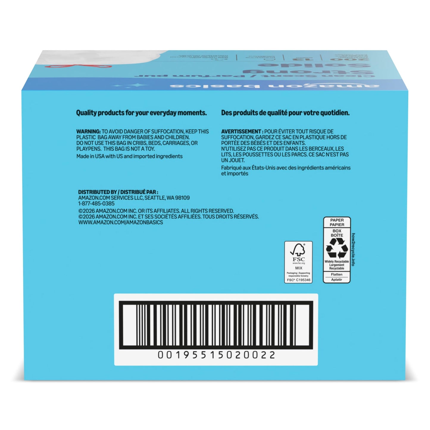 Amazon Basics Scented Trash Bags, Tall Kitchen Drawstring, Clean Fresh Scent, 13 Gallon, 200 Count