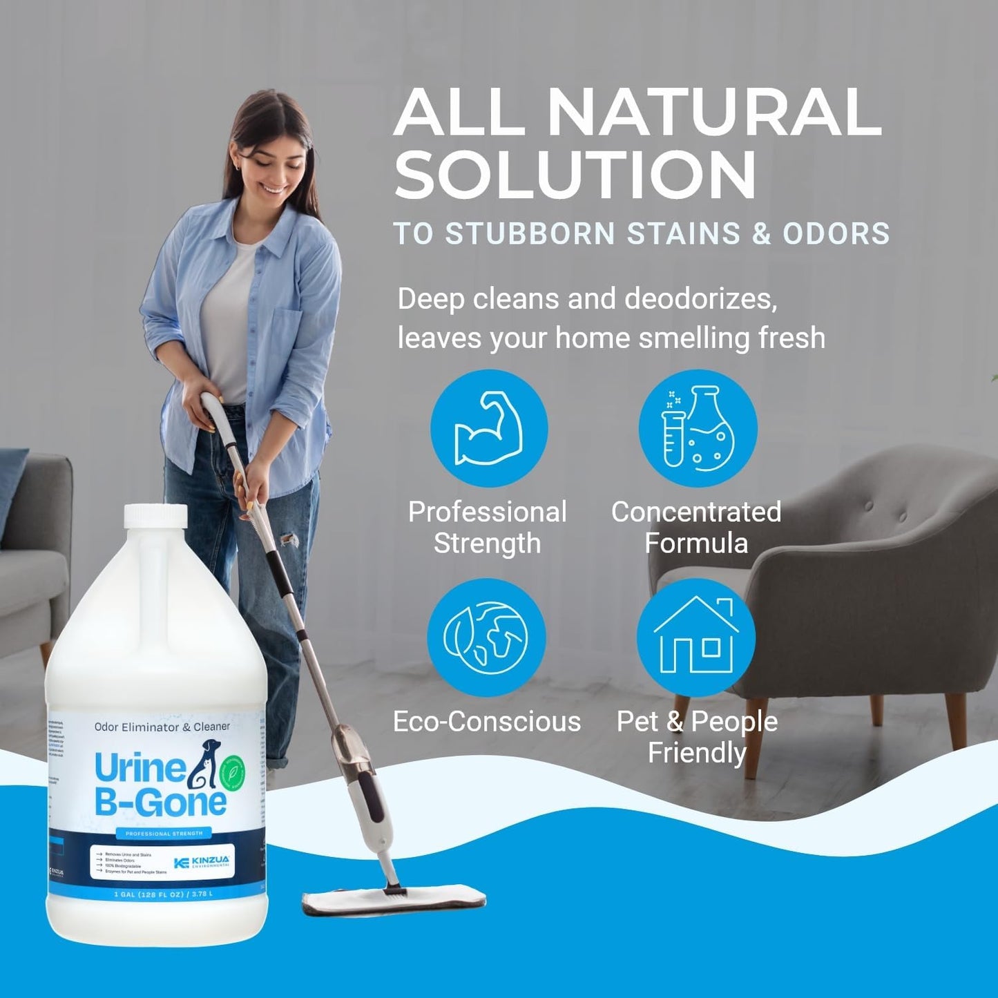 KINZUA ENVIRONMENTAL Urine B-Gone, Professional Enzyme Odor Eliminator & Pet Stain Remover, Human