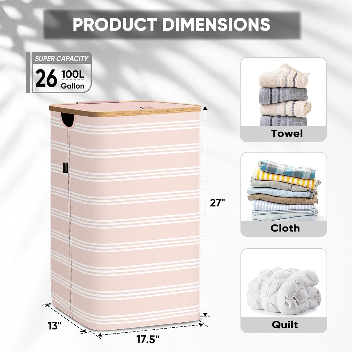 BALEINE Laundry Hamper with Lid, Tall Laundry Baskets with Bamboo Pull Handles, Large Laundry Bin