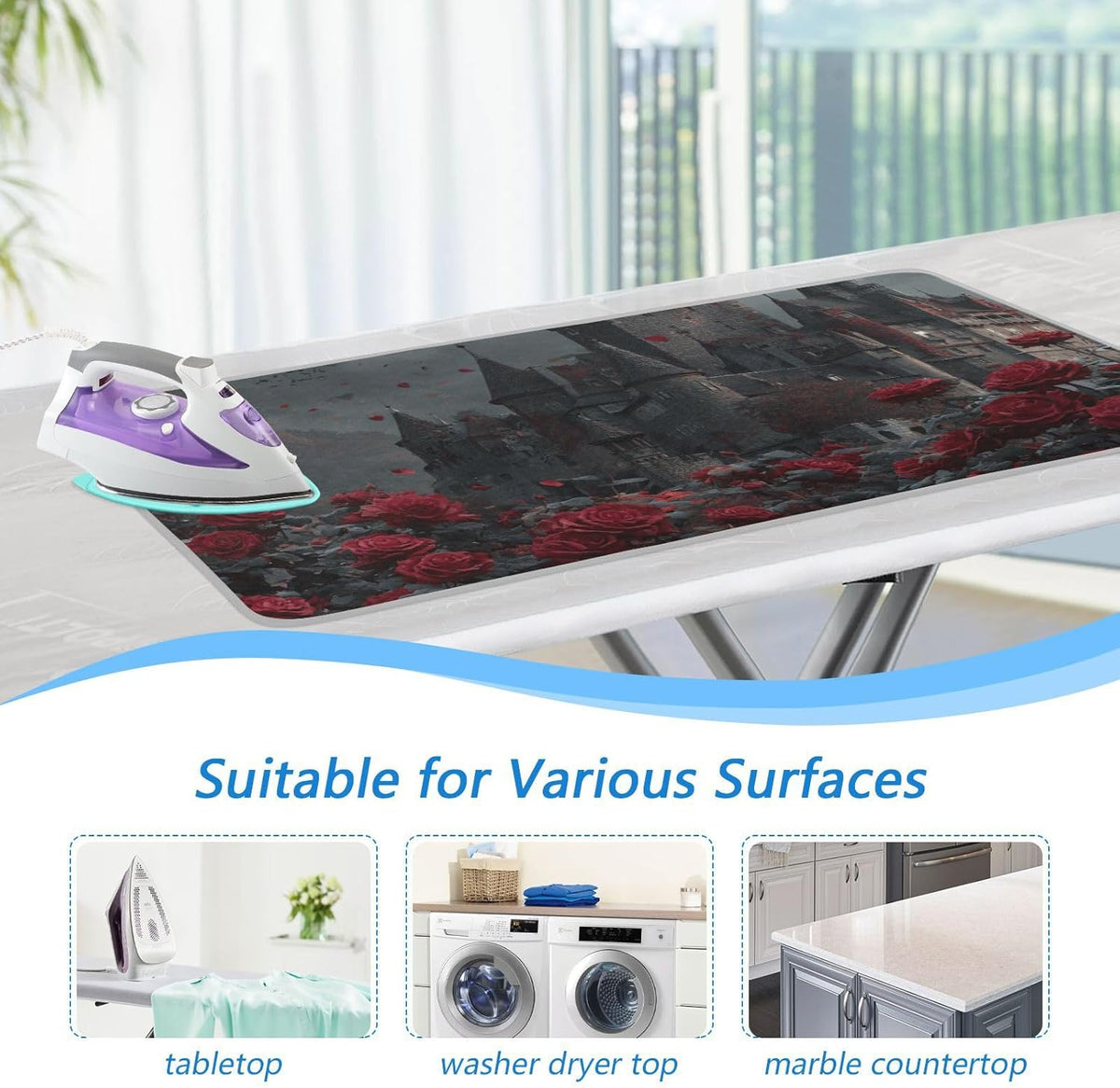 Castle Bats Rose Halloween Ironing Mat for Table top Portable Ironing Pad Blanket for Washer Dryer
