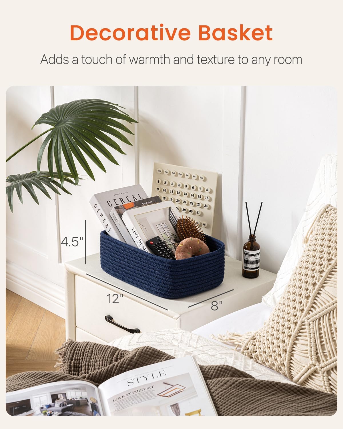 Small Woven Basket, 12 x 8 x 4.5 Inches, Storage Basket for Organizing, Cute Small Rope Shelf