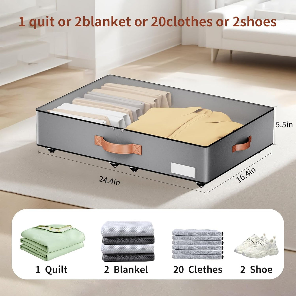 Under bed Storage With Wheels,Low profile 5.5 inches Height Storage Bins,Rolling Under bed Shoe